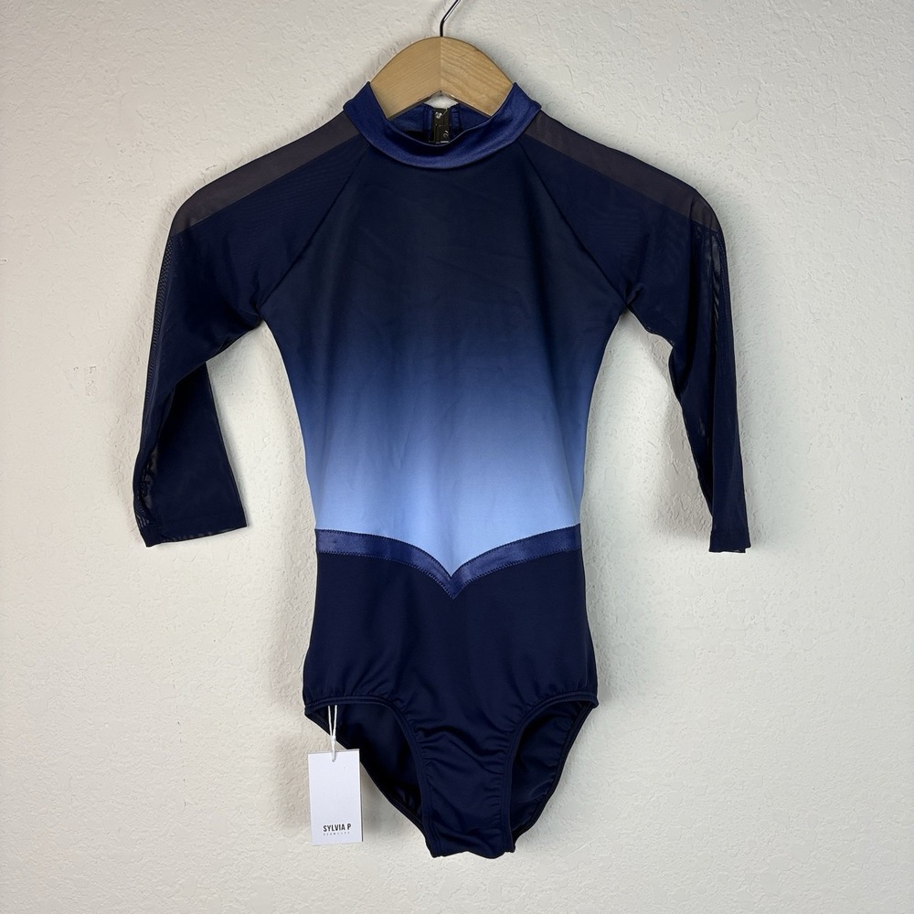 Sylvia P Leotard Adult XS Blue 3/4 Sleeve Ombré Mock Neck Navy NWT